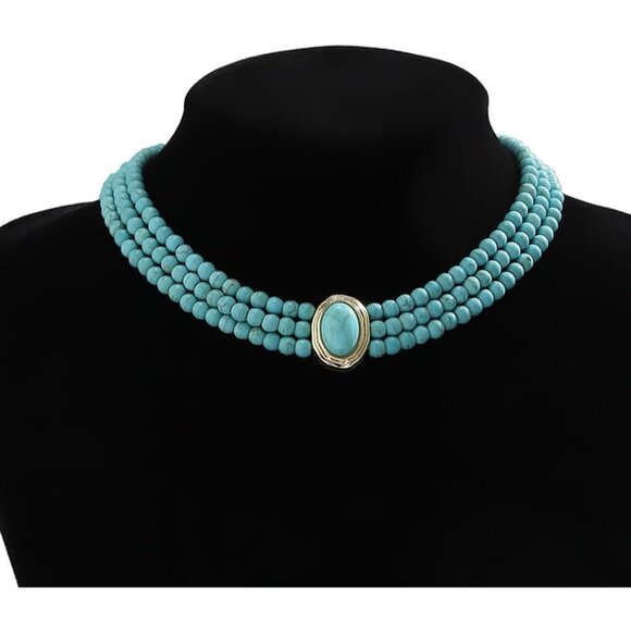 Boho Turquoise Layered Choker Necklace Imitation Pearl Women Accessories - Picture 6 of 7